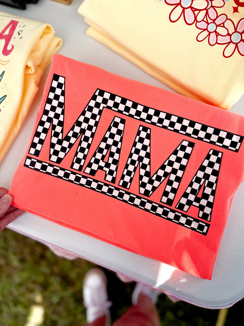 Mama Black/White Checkered On Neon Orange Tee